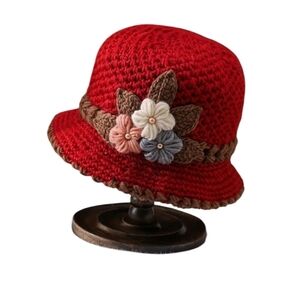 New Knitted bucket red hat flower accents on side